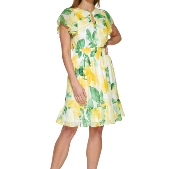 Dkny Dresses & Skirts - DKNY Flutter-Sleeve Clip-Dot Smock-Waist Dress Size 12 NWT